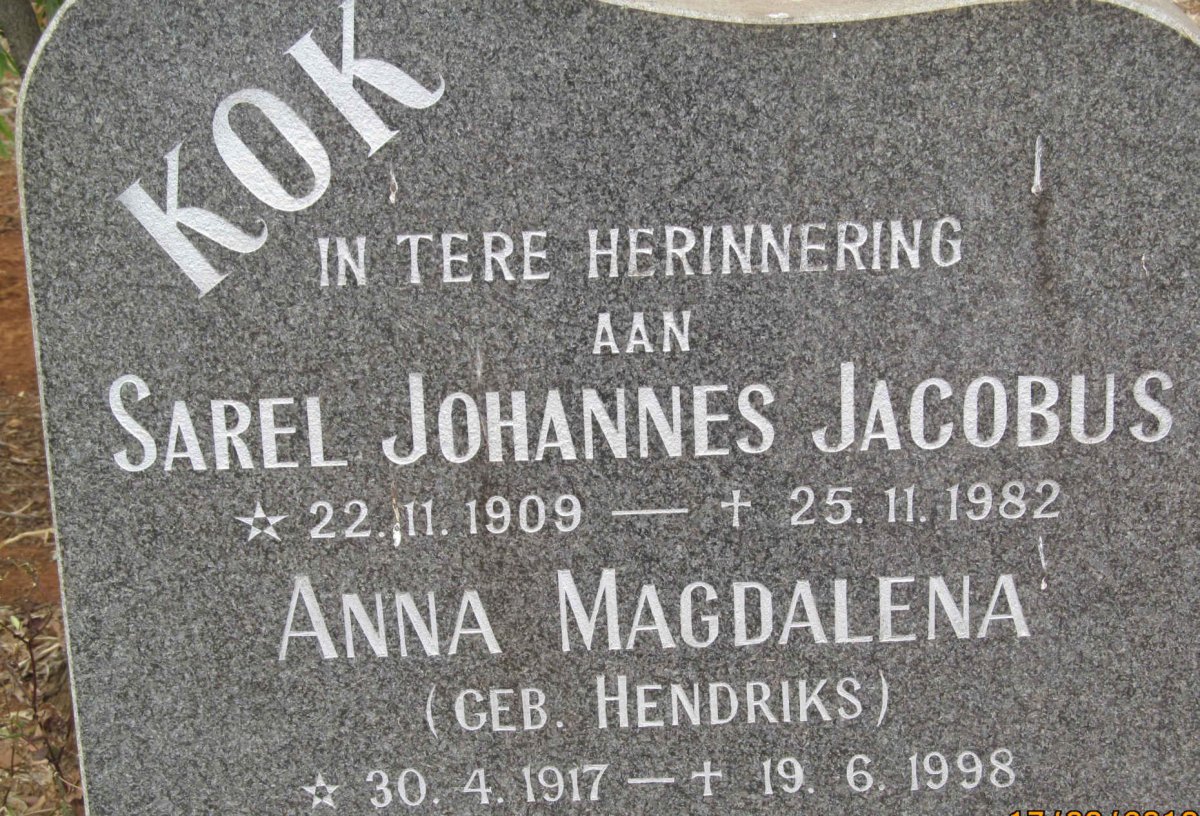 KOK Sarel Johannes Jacobus 1909-1982 &amp; Anna Magdalena HENDRIKS 1917-1998