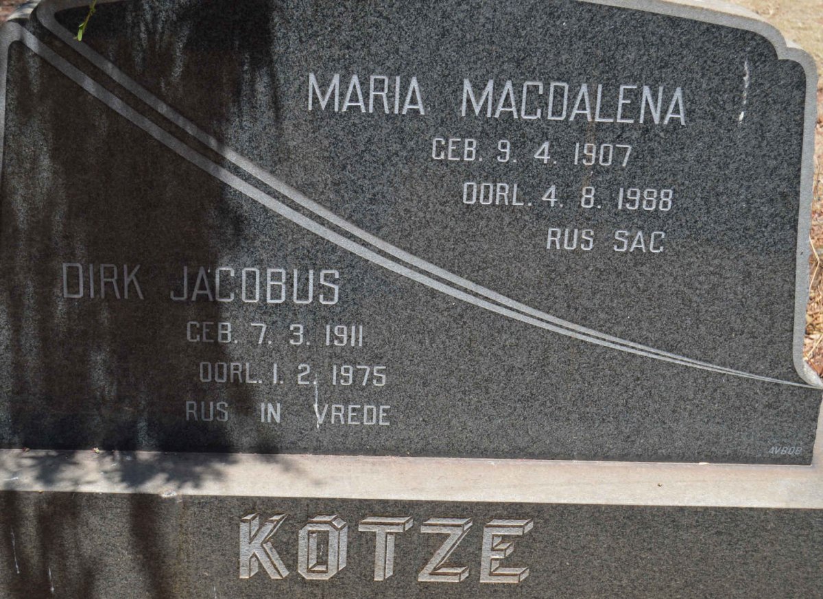 KOTZE Dirk Jacobus 1911-1975 &amp; Maria Magdalena 1907-1988