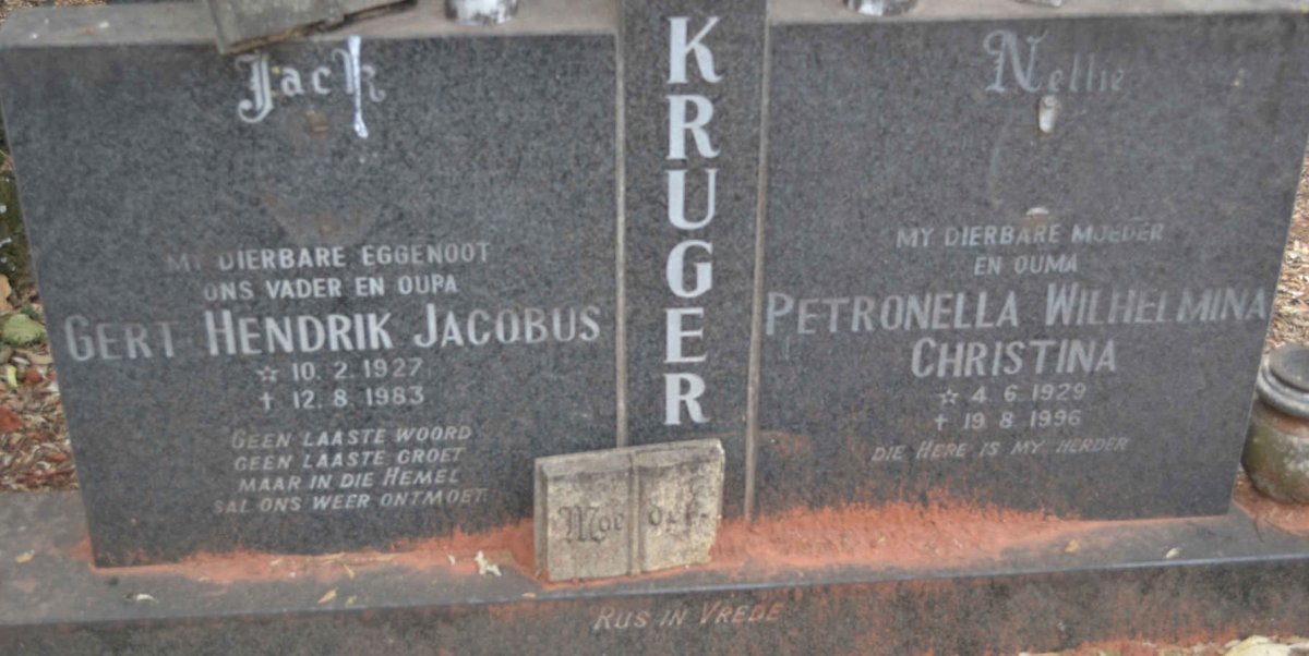 KRUGER Gert Hendrik Jacobus 1927-1983 &amp; Petronella Wilhelmina Christina 1929-1996