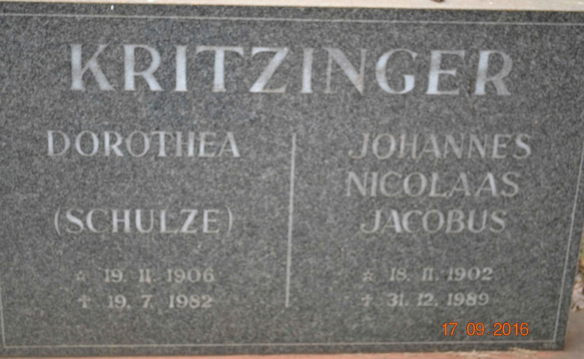KRITZINGER Johannes Nicolaas Jacobus 1902-1989 &amp; Dorothea SCHULZE 1906-1982