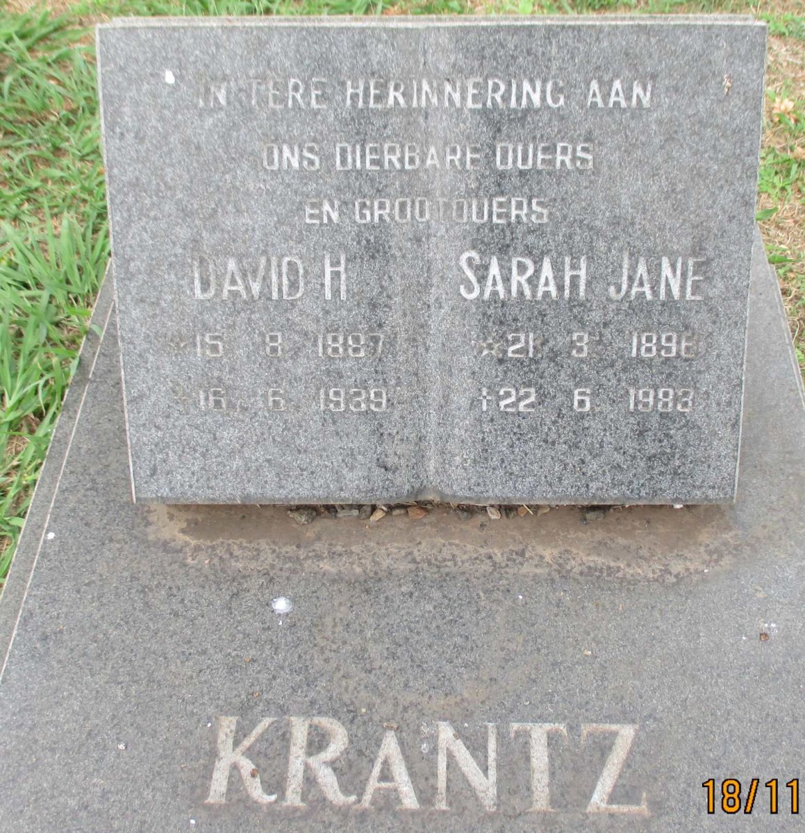 KRANTZ David H. 1887-1939 &amp; Sarah Jane 1896-1983