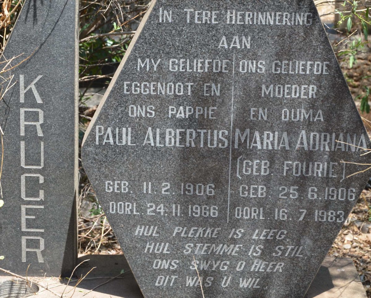 KRUGER Paul Albertus 1906-1966 &amp; Maria Adriana FOURIE 1906-1983