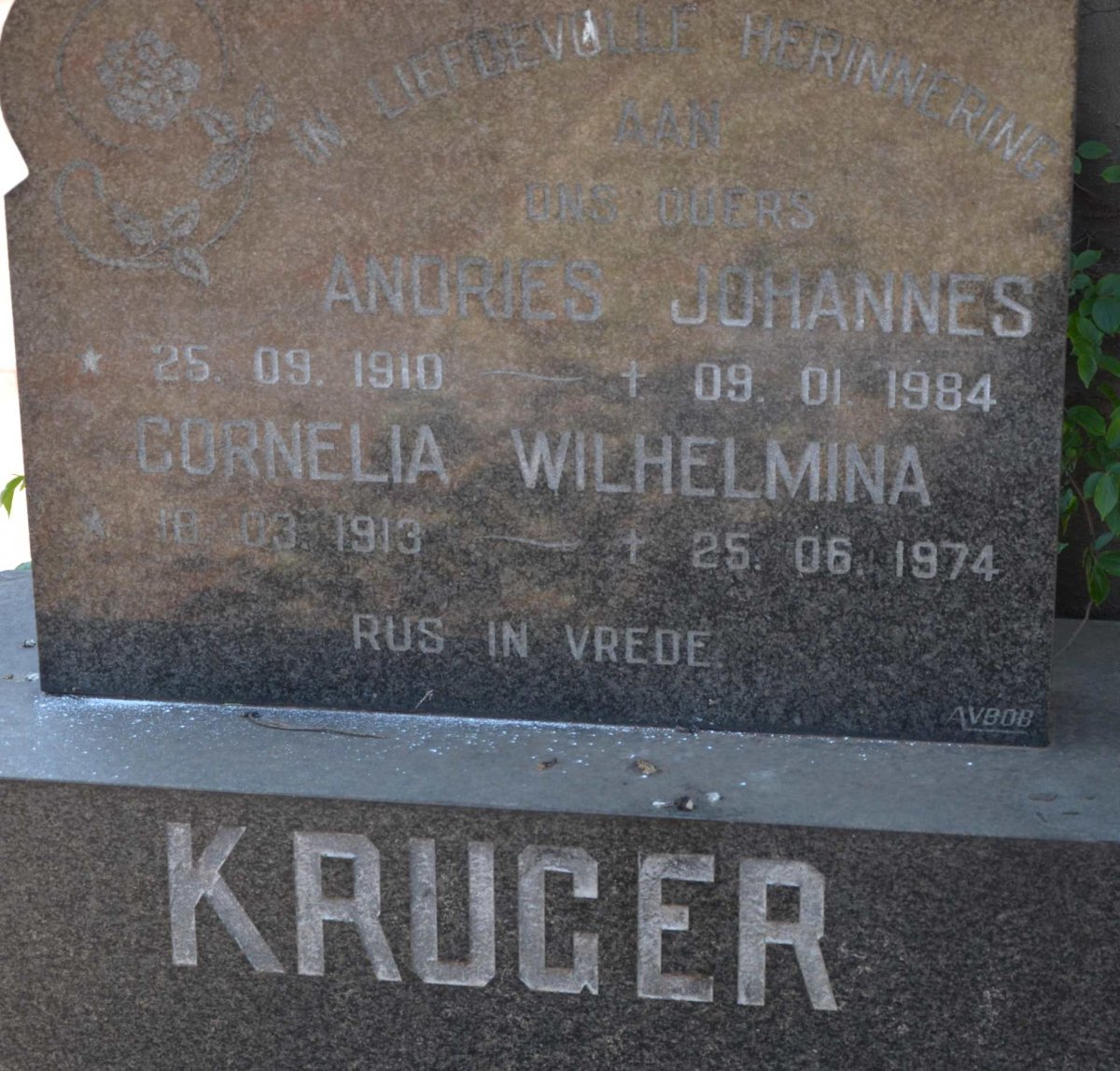 KRUGER Andries Johannes 1910-1984 &amp; Cornelia Wilhelmina 1913-1974