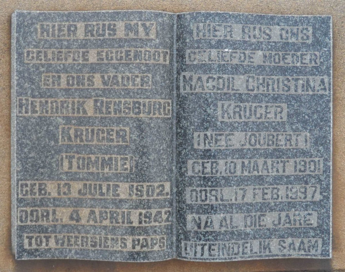 KRUGER Hendrik Rensburg 1902-1942 &amp; Magdil Christina JOUBERT 1901-1997