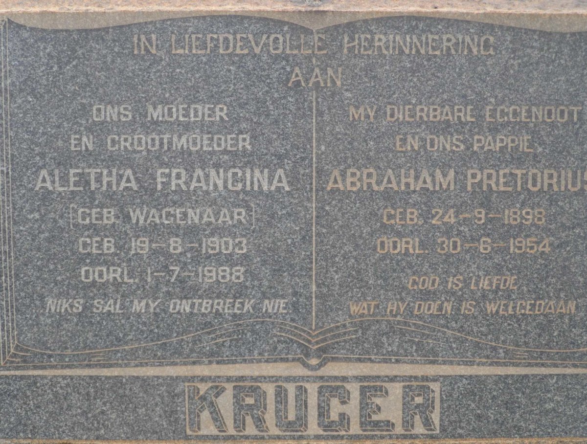 KRUGER Abraham Pretorius 1898-1954 &amp; Aletha Francina WAGENAAR 1903-1988