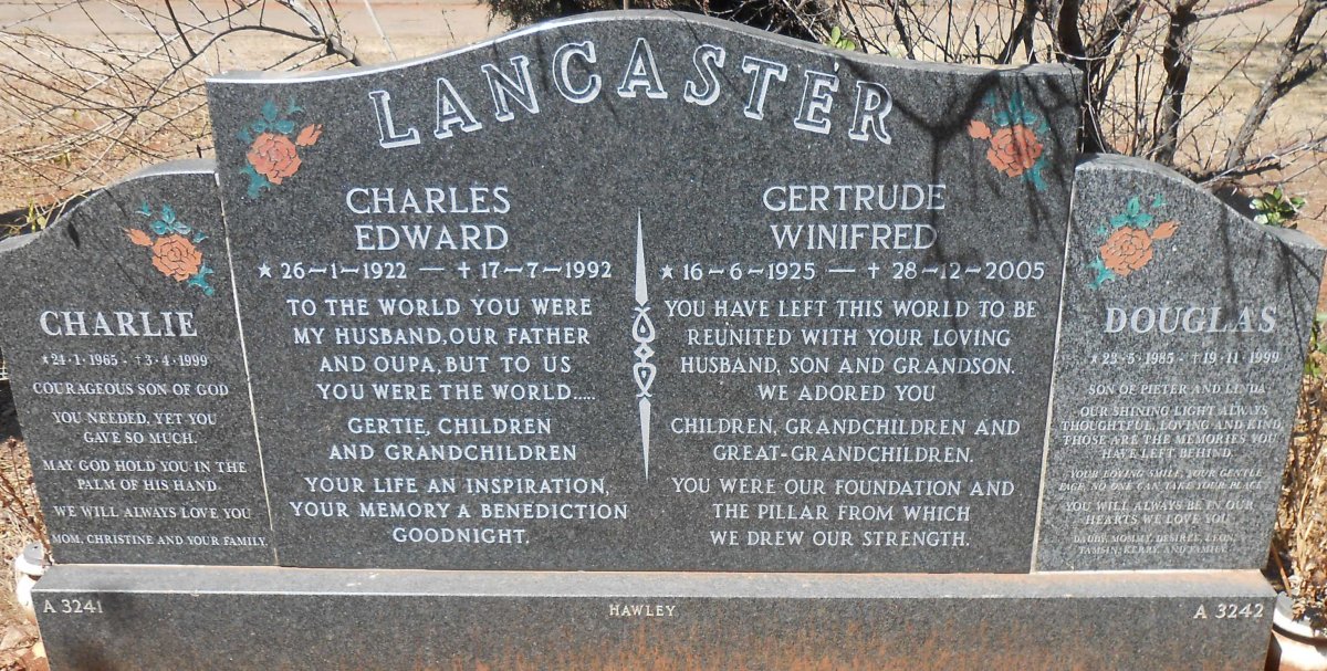 LANCASTER Charles Edward 1922-1992 &amp; Gertrude Winifred 1925-2005 LANCASTER Charlie 1965-1999 :: LANCASTER Douglas 1985-1999