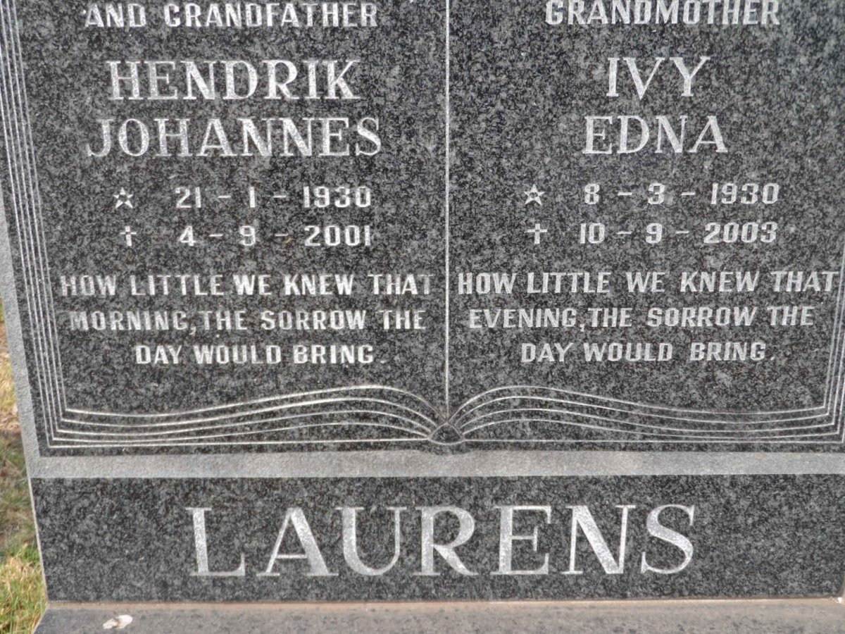 LAURENS Hendrik Johannes 1930-2001 &amp; Ivy Edna 1930-2003