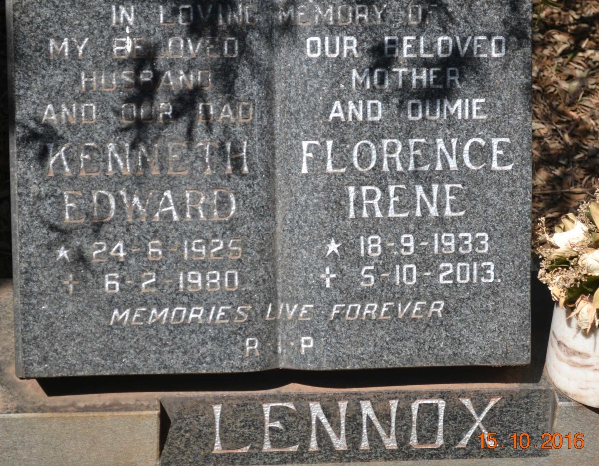 LENNOX Kenneth Edward 1925-1980 &amp; Florence Irene 1933-2013