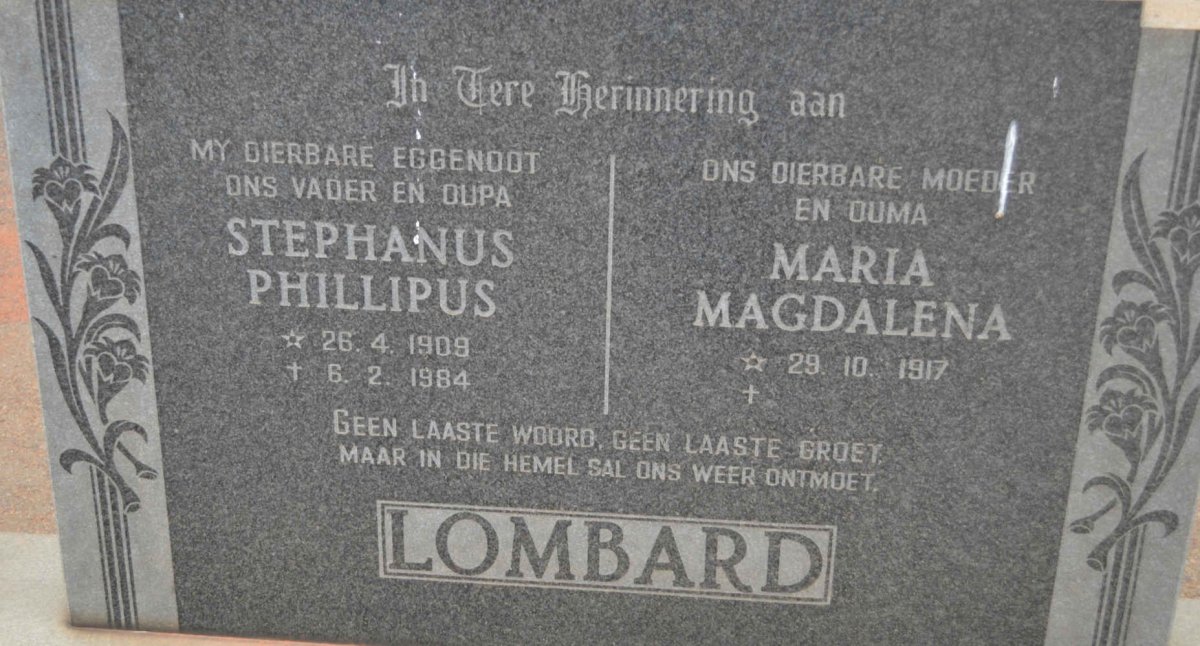 LOMBARD Stephanus Phillipus 1909-1984 &amp; Maria Magdalena 1917-