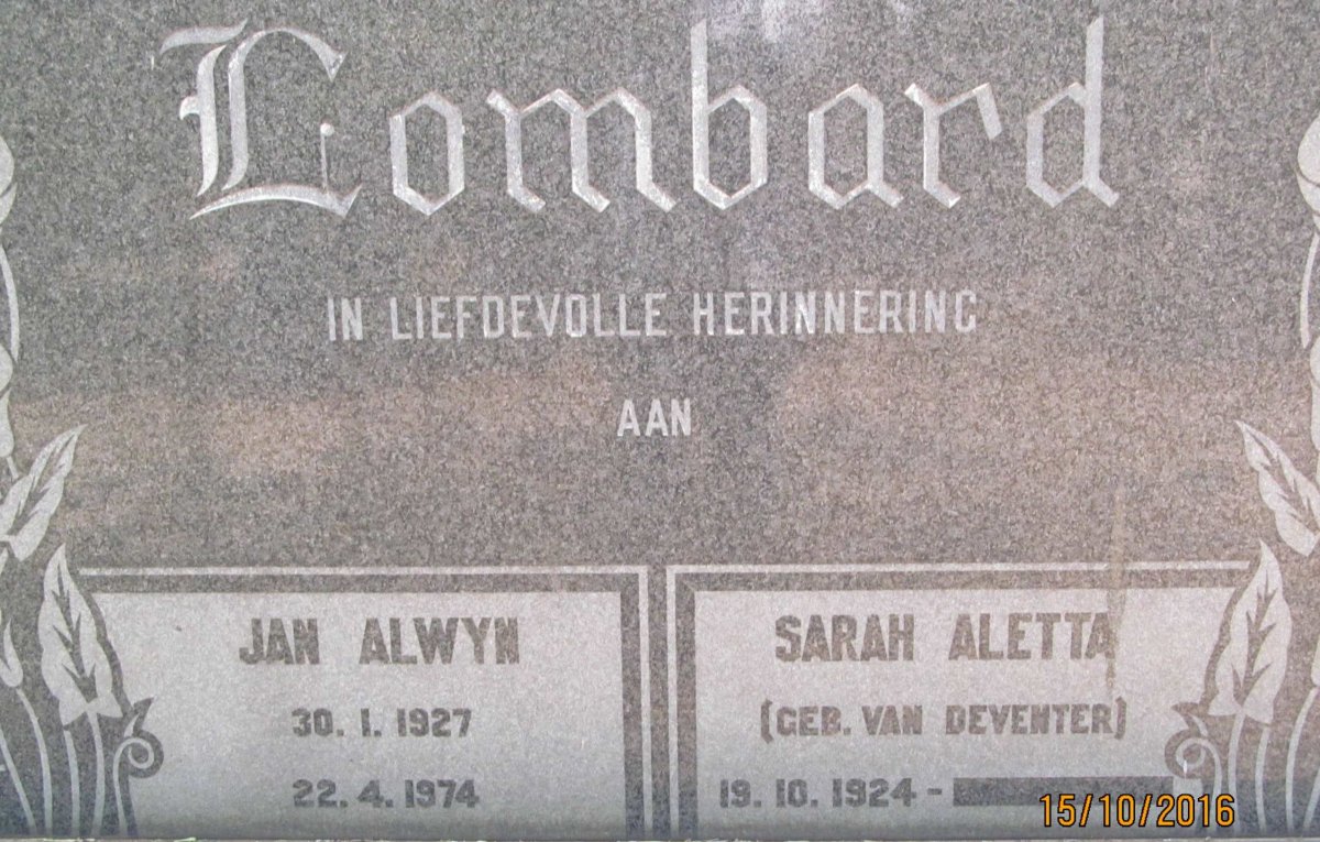 LOMBARD Jan Alwyn 1927-1974 &amp; Sarah Aletta VAN DEVENTER 1924-