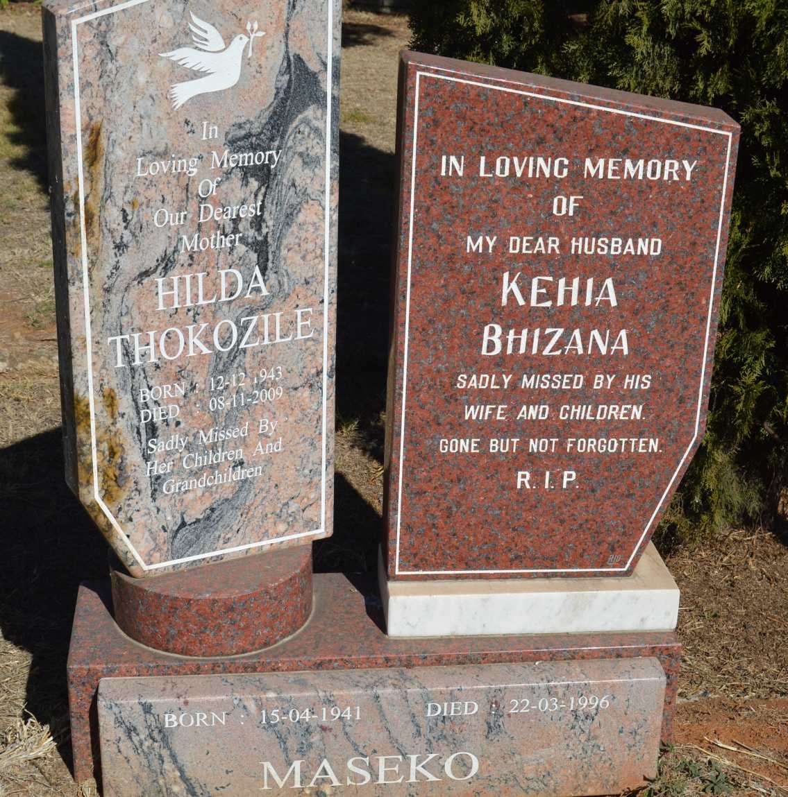 MASEKO Kehia Bhizana 1941-1996 &amp; Hilda Thokozile 1943-2009