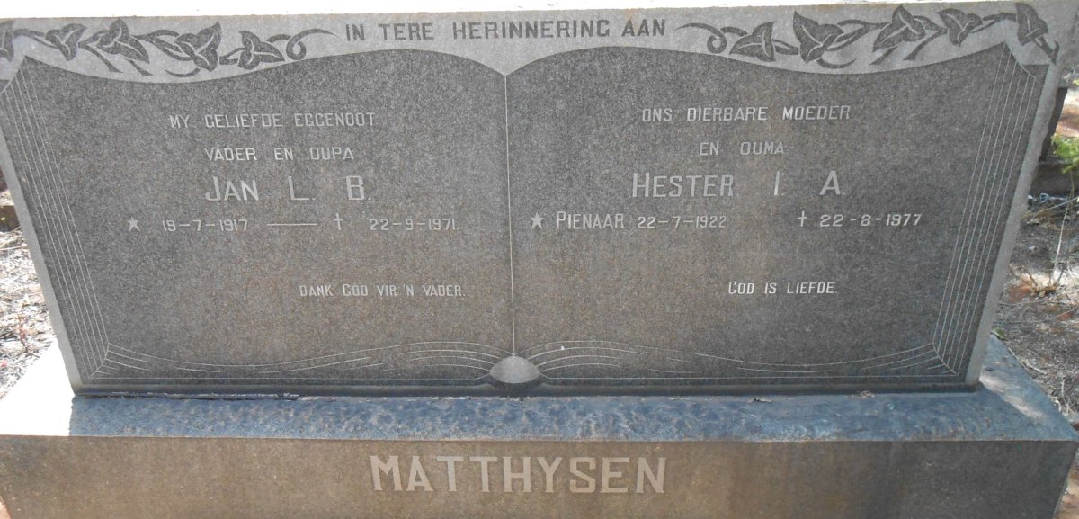 MATTHYSEN Jan L.B. 1917-1971 &amp; Hester I.A. PIENAAR 1922-1977