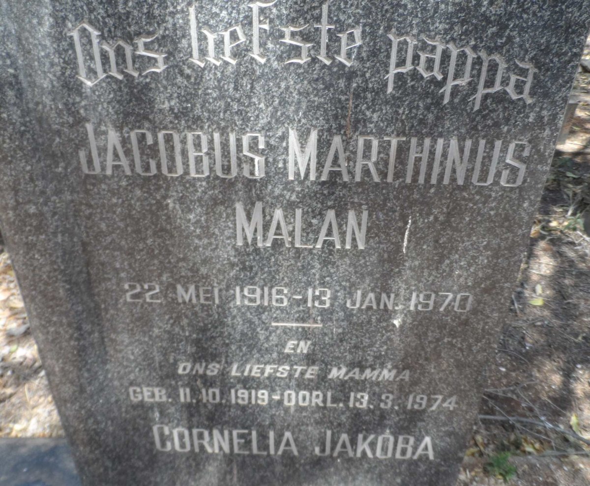 MALAN Jacobus Marthinus 1916-1970 &amp; Cornelia Jakoba 1919-1974