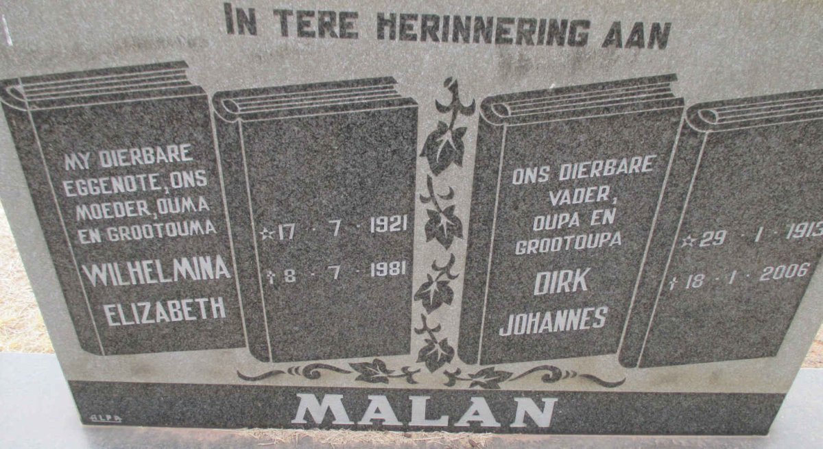MALAN Dirk Johannes 1913-2006 &amp; Wilhelmina Elizabeth 1921-1981