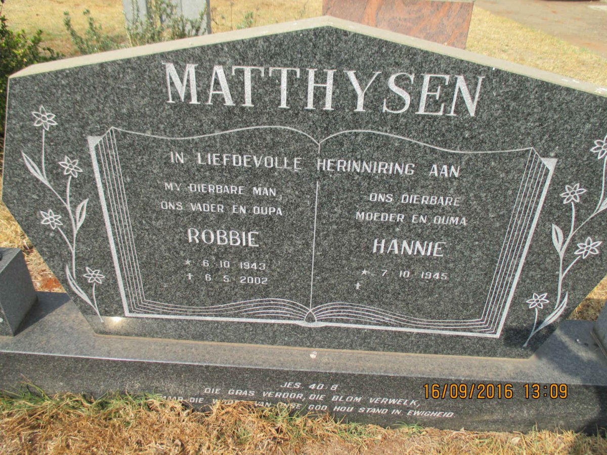 MATTHYSEN Robbie 1943-2002 &amp; Hannie 1945-