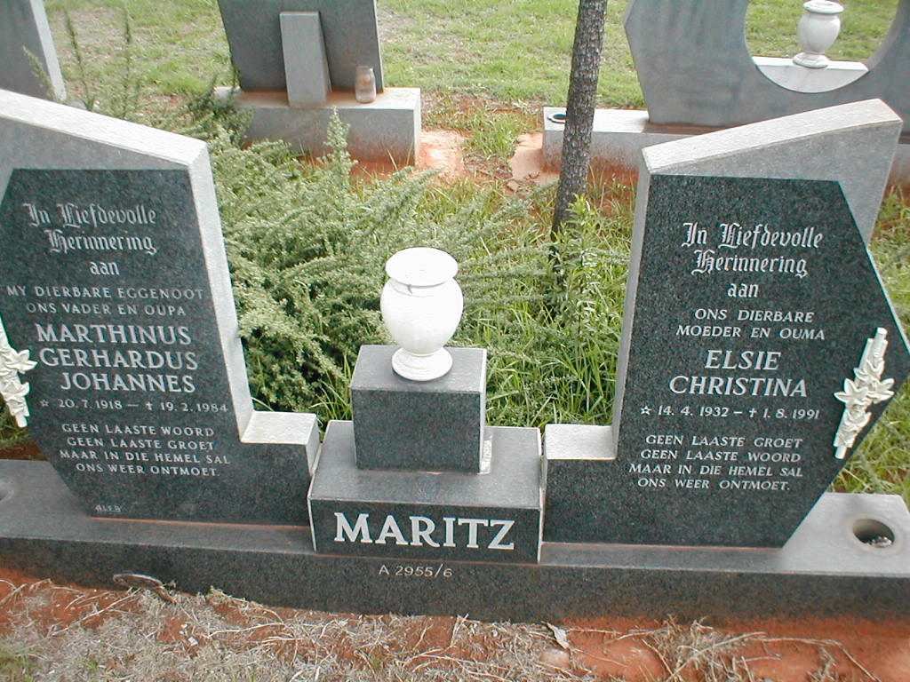 MARITZ Marthinus Gerhardus Johannes 1918-1984 &amp; Elsie Christina 1932-1991