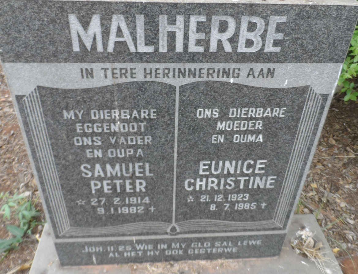 MALHERBE Samuel Peter 1914-1982 &amp; Eunice Christine 1923-1985