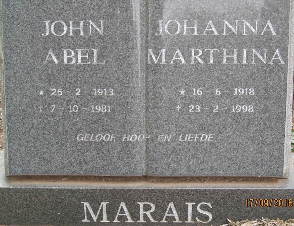 MARAIS John Abel 1913-1981 &amp; Johanna Marthina 1918-1998 