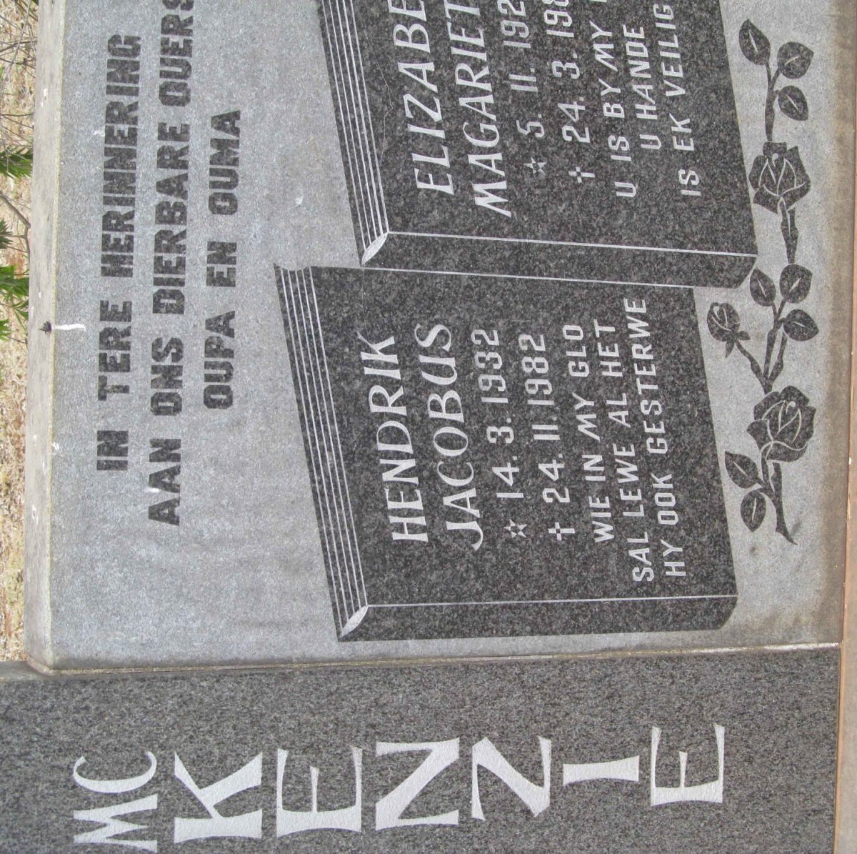 McKENZIE Hendrik Jacobus 1932-1982 &amp; Elizabeth Margariet? 192?-19??