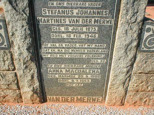 MERWE Stefanus Johannes Martines, van der 1875-1946 &amp; Anna Magdalena HARMSE 1880-1953