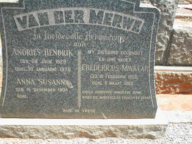 MERWE Fredericus Minnaar, van der 1903-1953 &amp; Anna Susanna 1904- :: VAN DER MERWE Andries Hendrik 1929-1970