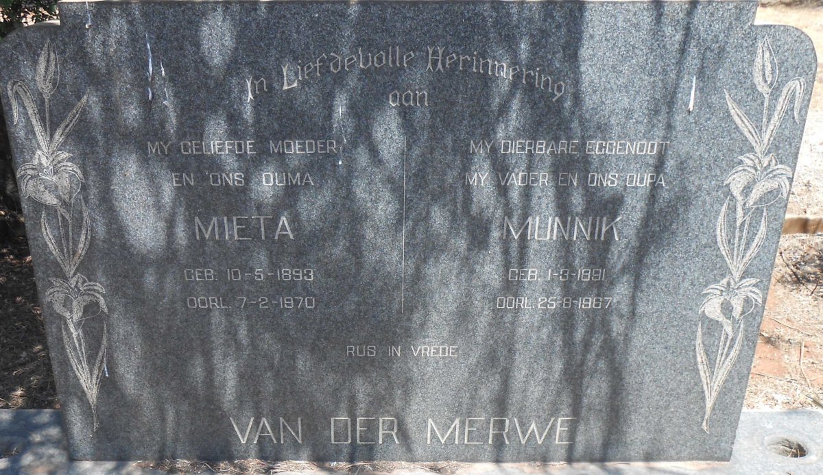 MERWE Munnik, van der 1891-1967 &amp; Mieta 1893-1970