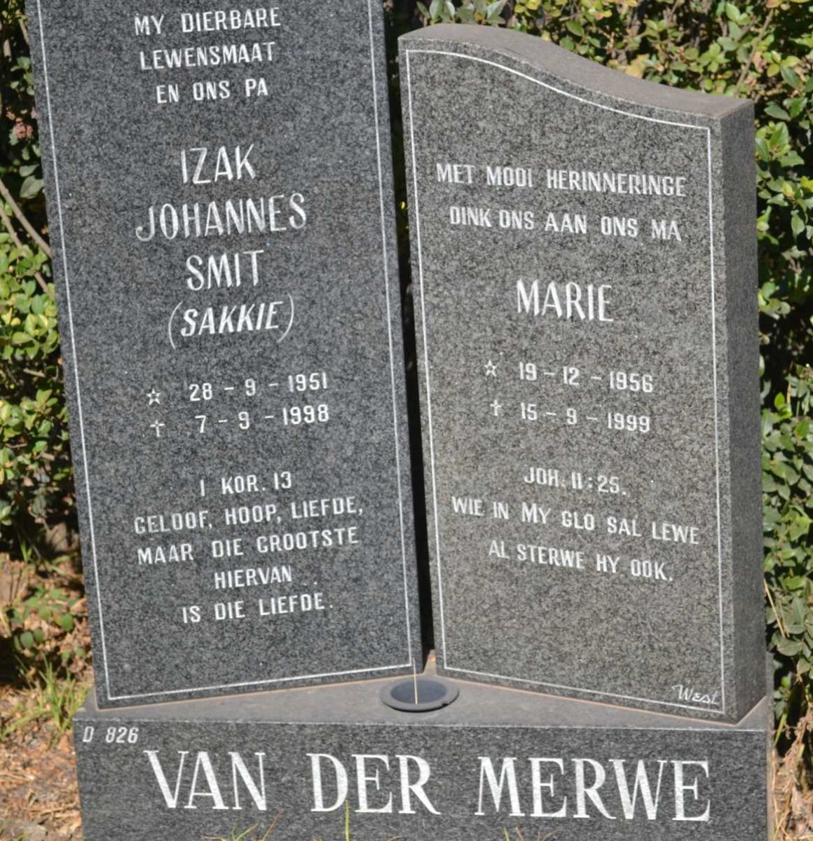 MERWE Izak Johannes Smit, van der 1951-1998 &amp; Marie 1956-1999