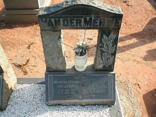 MERWE Magrietha Susanna, van der nee LE GRANGE 1914-1991