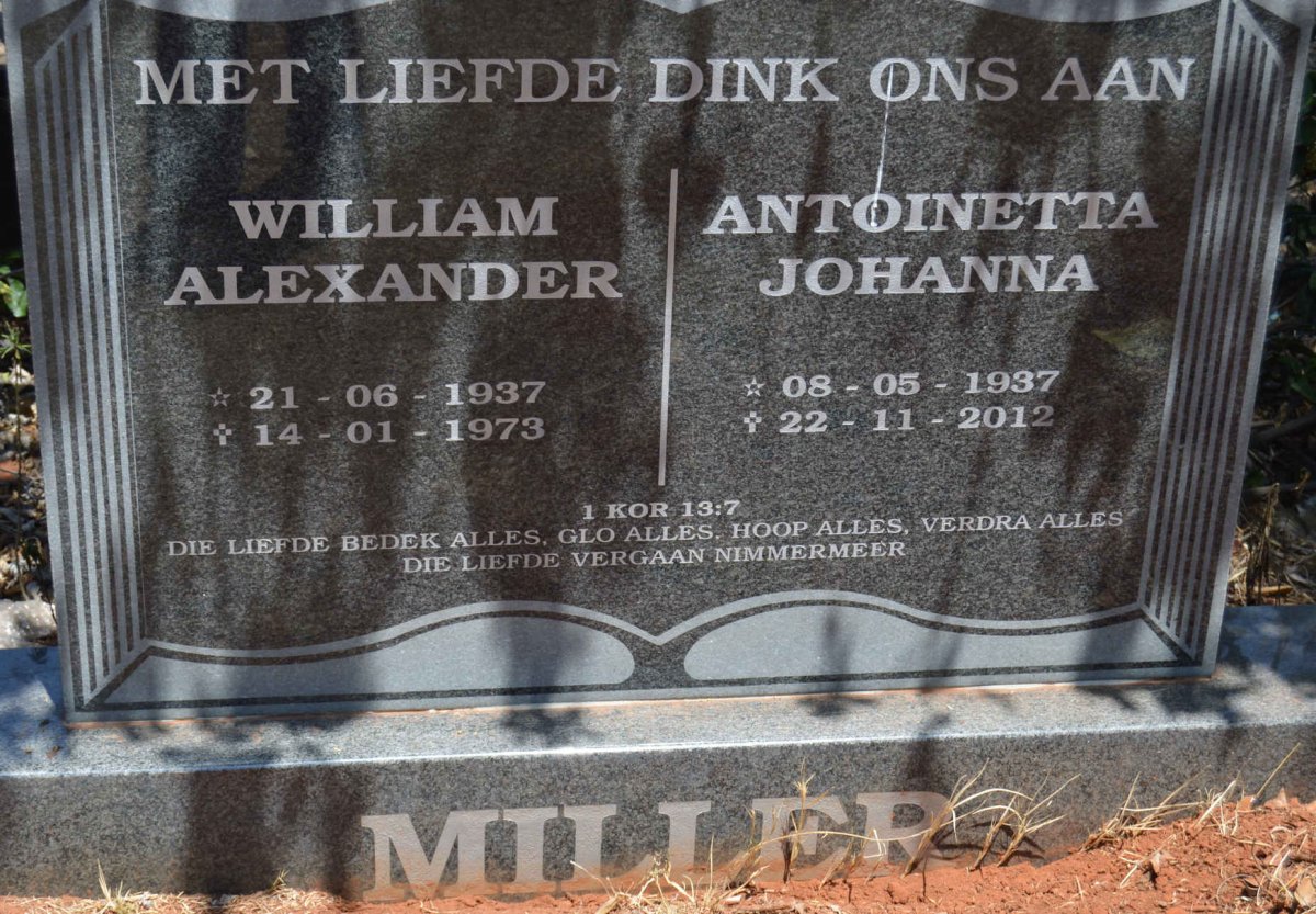 MILLER William Alexander 1937-1973 &amp; Antoinetta Johanna 1937-2012