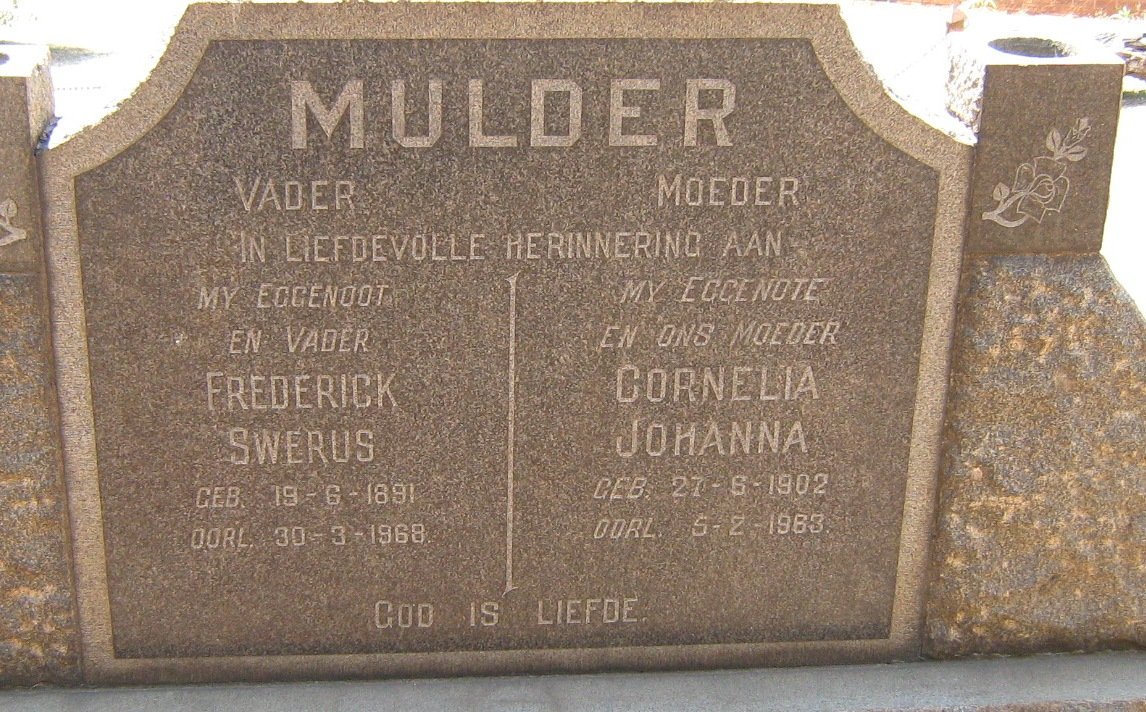 MULDER Frederick Swerus 1891-1968 &amp; Cornelia Johanna 1902-1963