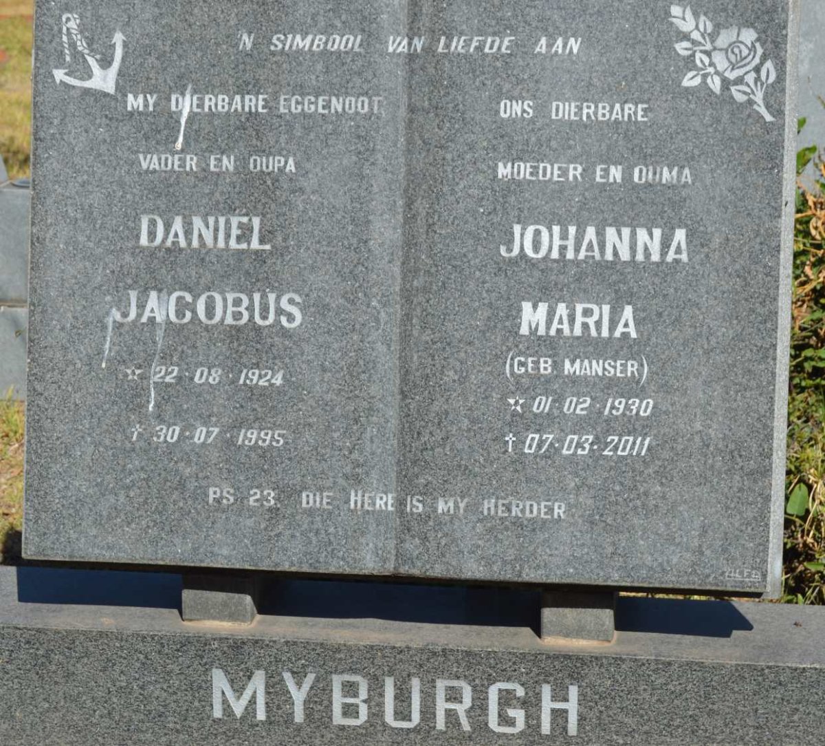 MYBURGH Daniël Jacobus 1924-1995 &amp; Johanna Maria MANSER 1930-2011