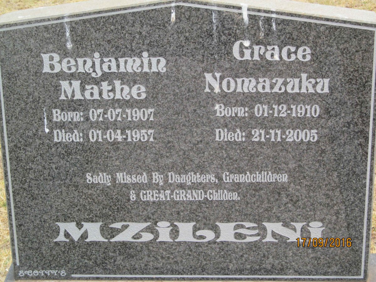 MZILENI Benjamin Mathe 1907-1957 &amp; Grace Nomazuku 1910-2005 