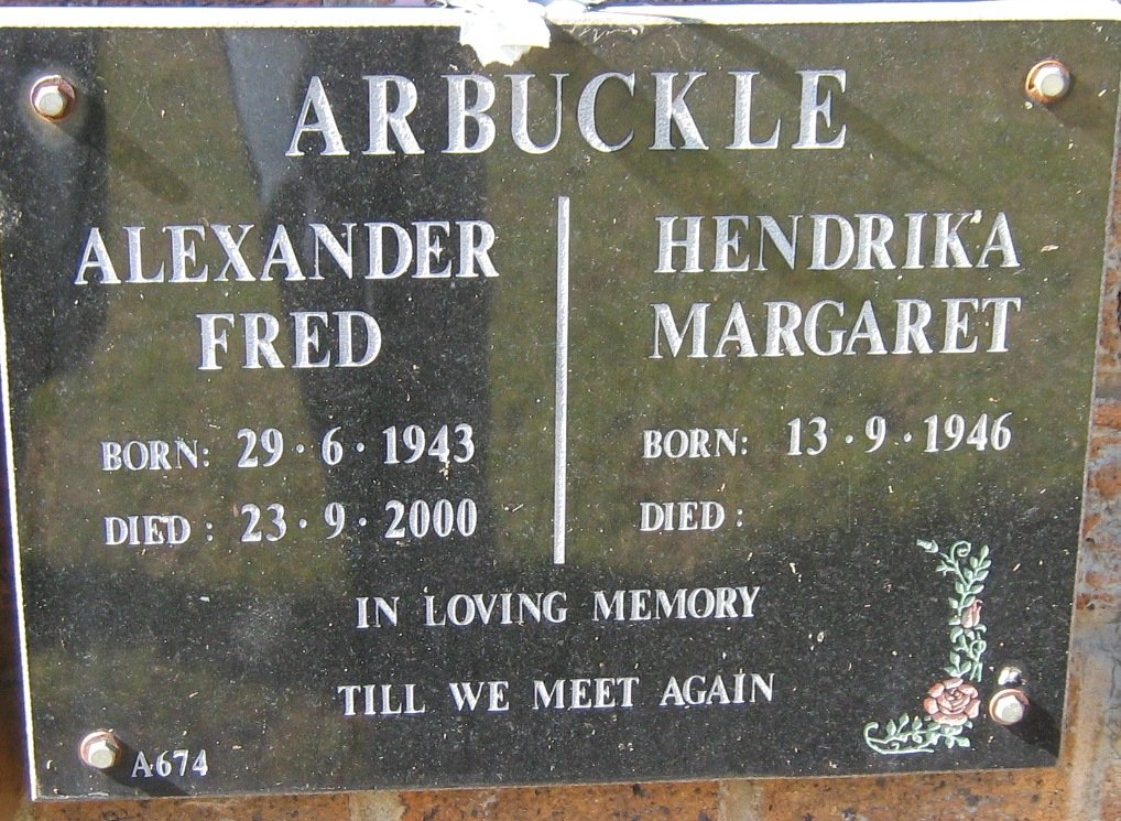ARBUCKLE Alexander Fred 1943-2000 &amp; Hendrika Margaret 1946-
