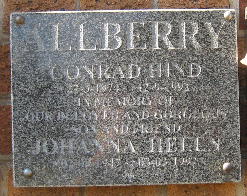 ALLBERRY Conrad Hind 1974-1992 &amp; Johanna Helen 1947-1997