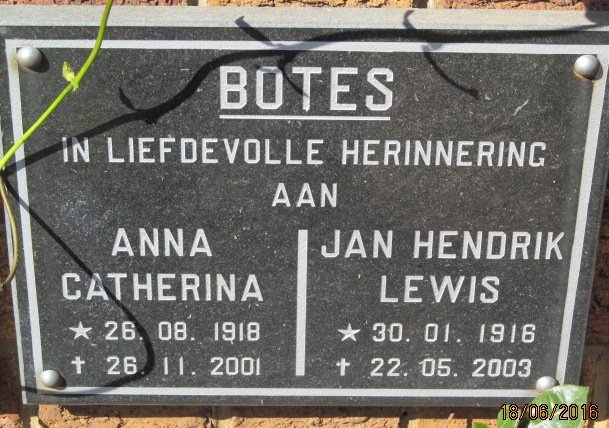 BOTES Jan Hendrik Lewis 1916-2003 &amp; Anna Catherina 1918-2001
