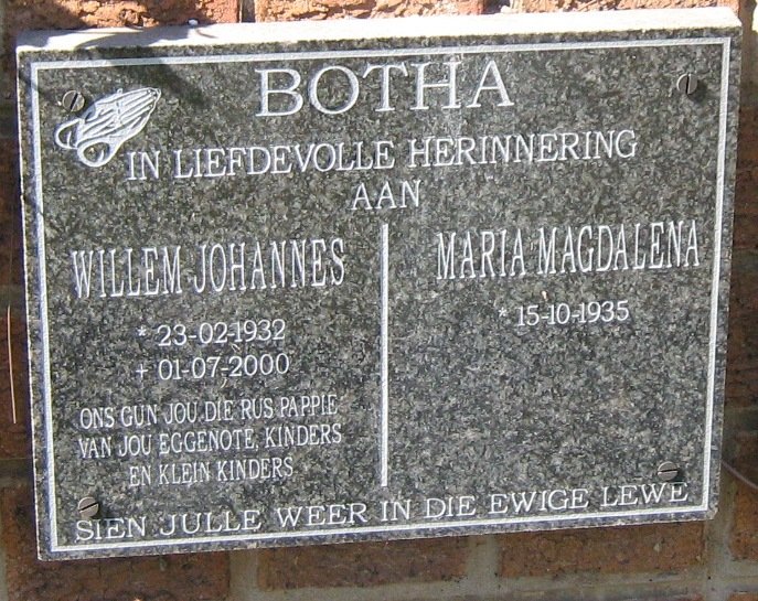 BOTHA Willem Johannes 1932-2000 &amp; Maria Magdalena 1935-