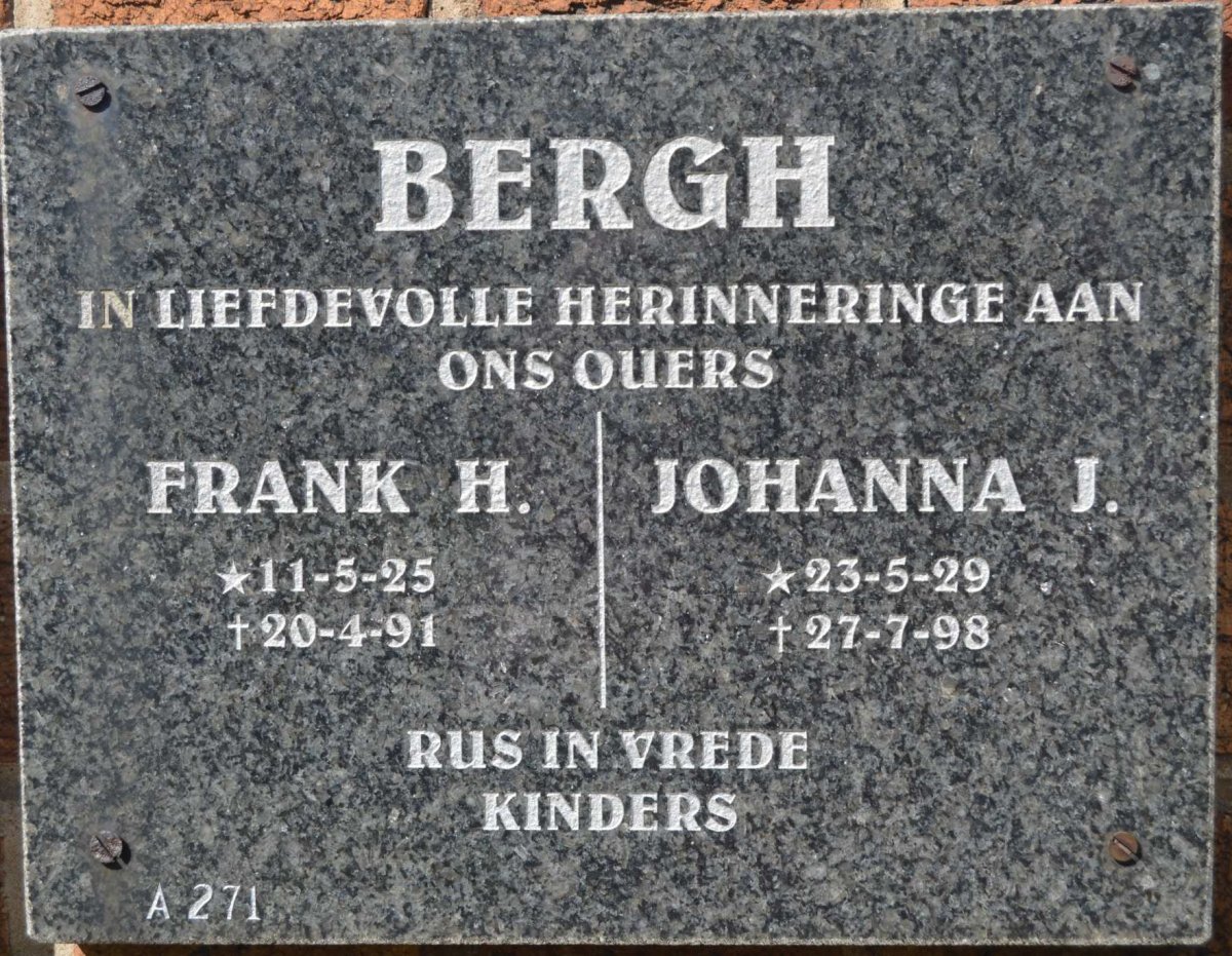 BERGH Frank H. 1925-1991 &amp; Johanna J. 1929-1998