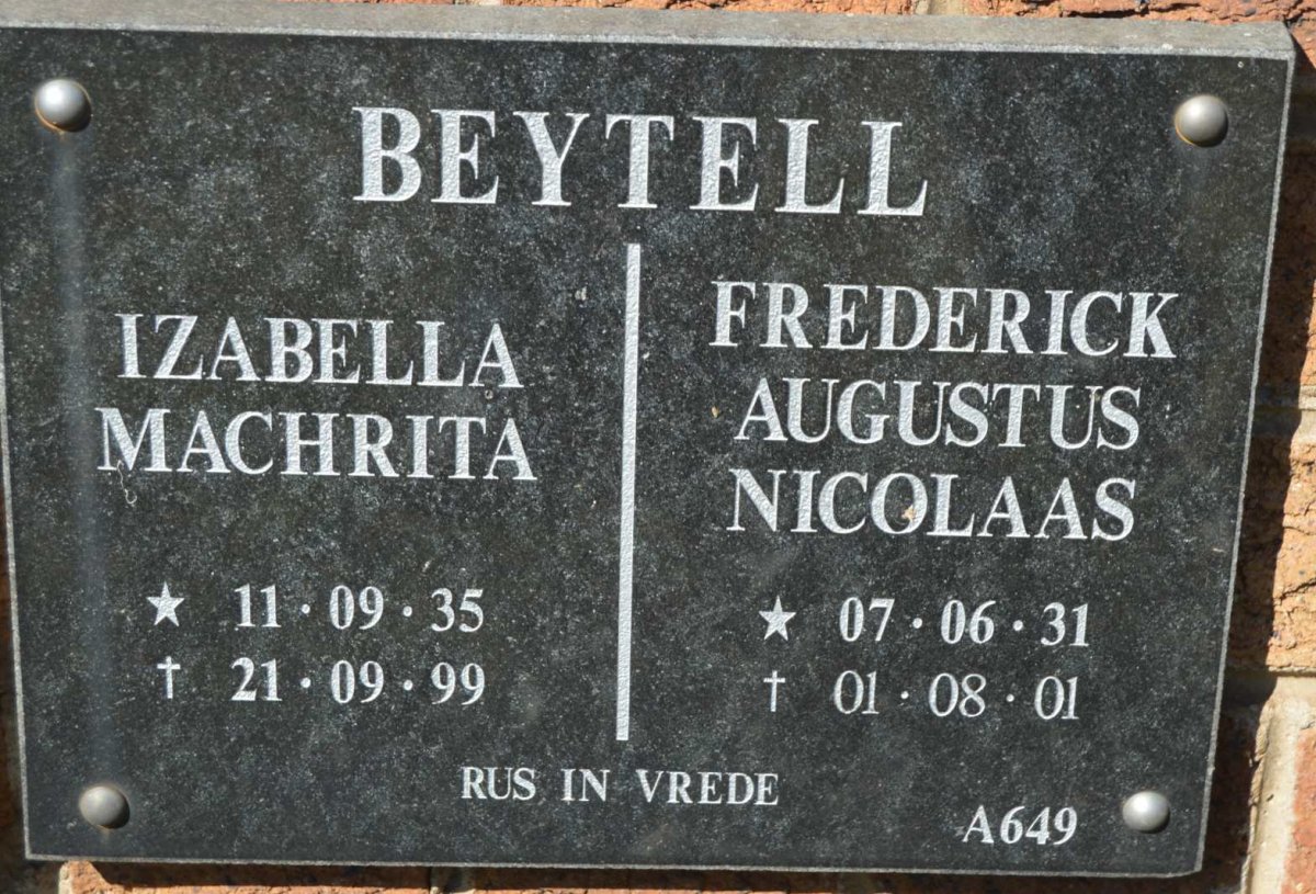 BEYTELL Frederick Augustus Nicolaas 1931-2001 &amp; Izabella Machrita 1935-1999