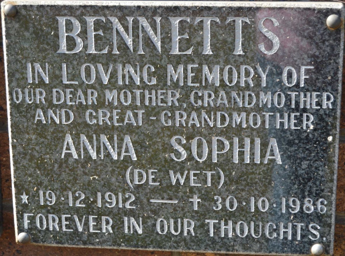 BENNETTS Anna Sophia nee DE WET 1912-1986