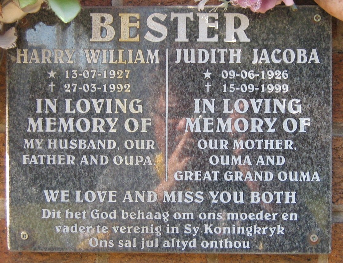 BESTER Harry William 1927-1992 &amp; Judith Jacoba 1926-1999