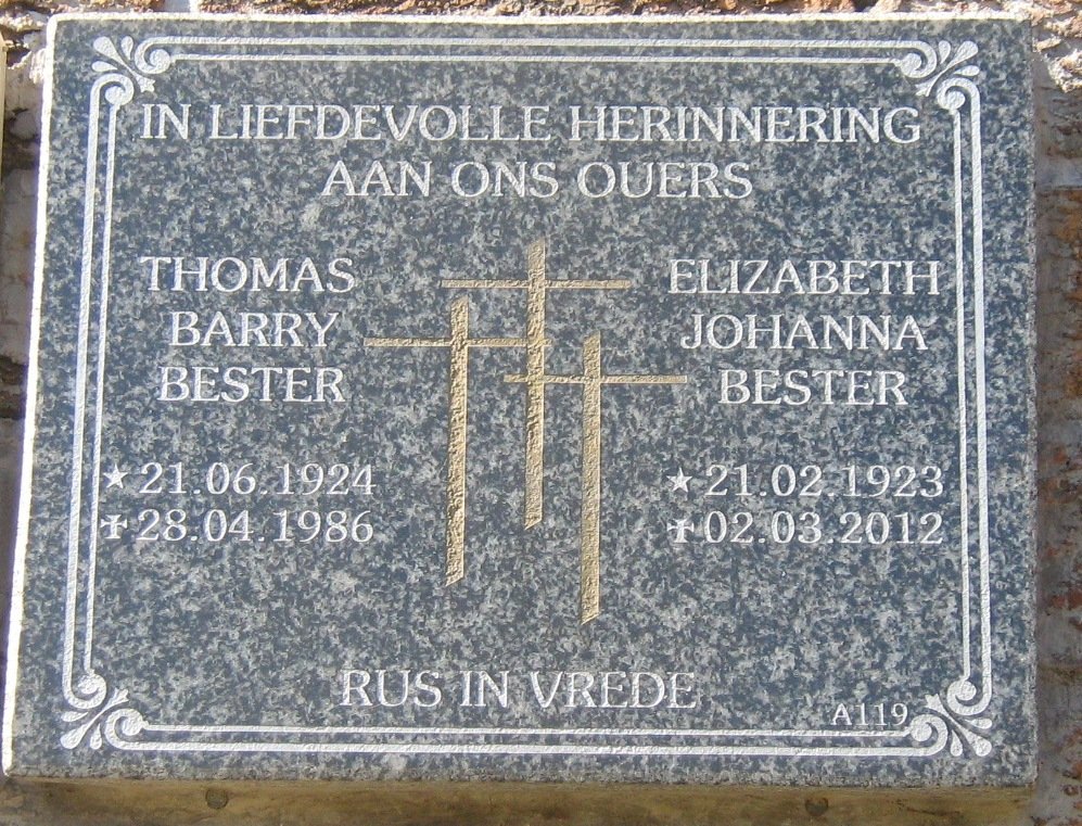 BESTER Thomas Barry 1924-1986 &amp; Elizabeth Johanna 1923-2012