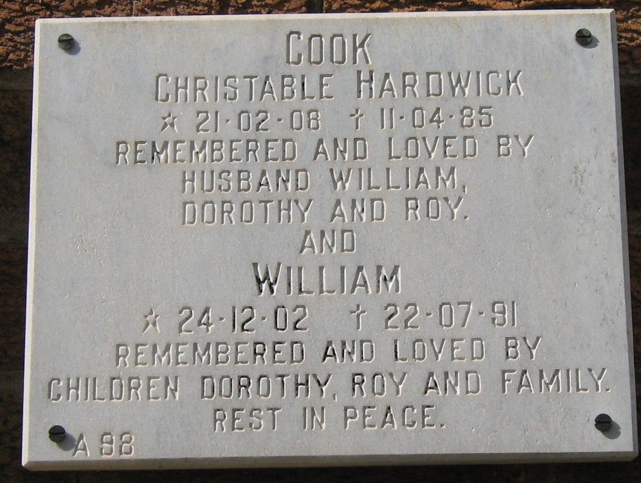 COOK William 1902-1991 &amp; Christable Hardwick 1908-1985