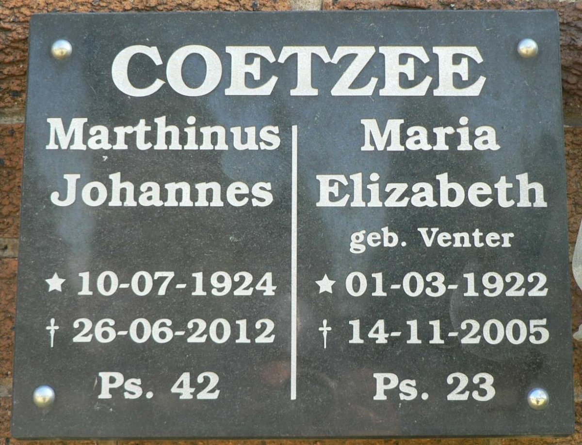 COETZEE Marthinus Johannes 1924-2012 &amp; Maria Elizabeth VENTER 1922-2005