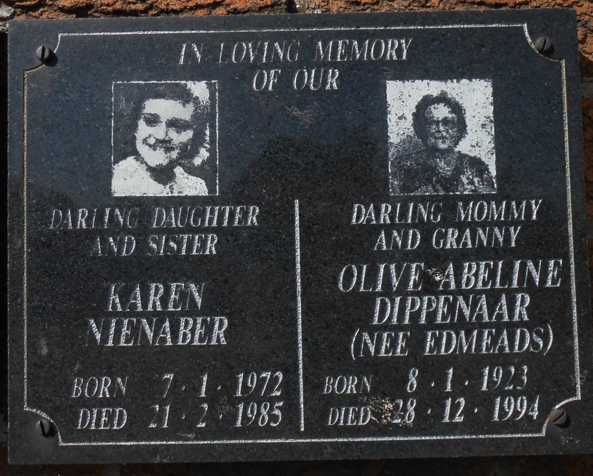 DIPPENAAR Olive Abeline nee EDMEADS 1923-1994 :: NIENABER Karen 1972-1985