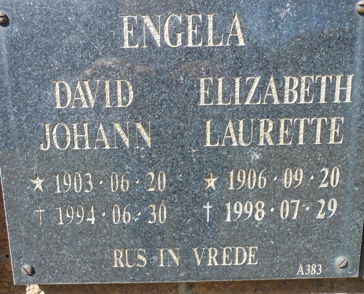 ENGELA David Johann 1903-1994 &amp; Elizabeth Laurette 1906-1998