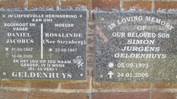 GELDENHUYS Daniel Jacobus 1942-2009 &amp; Rosalinde STEYNBERG 1947- :: GELDENHUYS Simon Jurgens 1973-2005