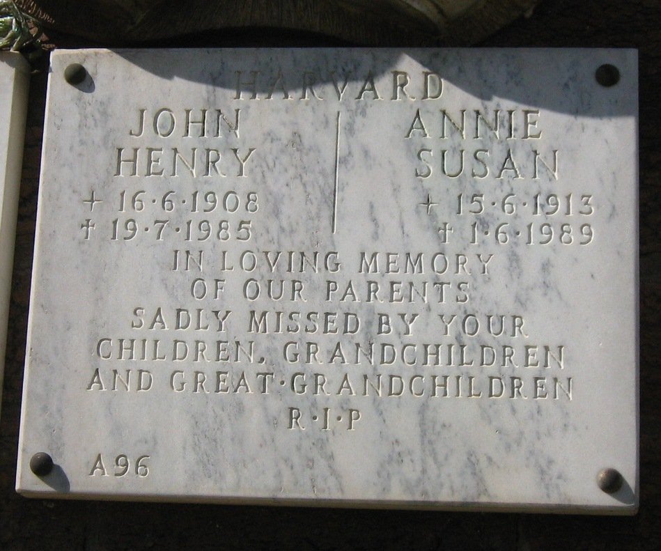 HARVARD John Henry 1908-1985 &amp; Annie Susan 1913-1989