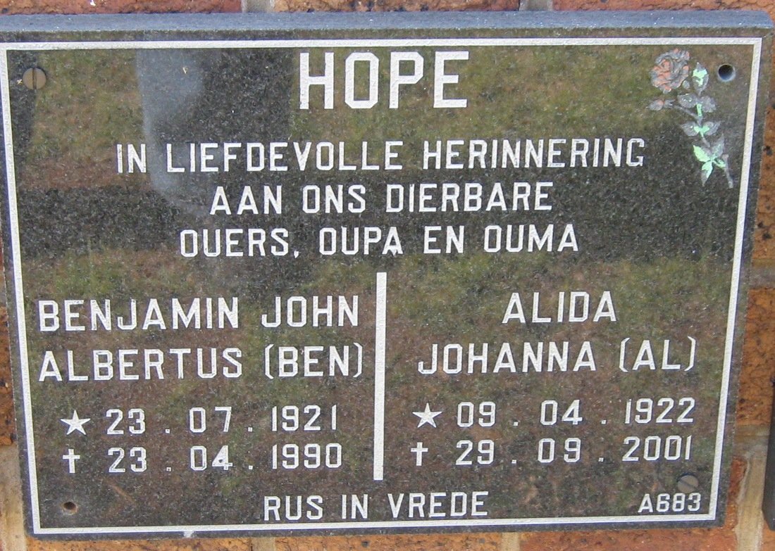 HOPE Benjamin John Albertus 1921-1990 &amp; Alida Johanna 1922-2001