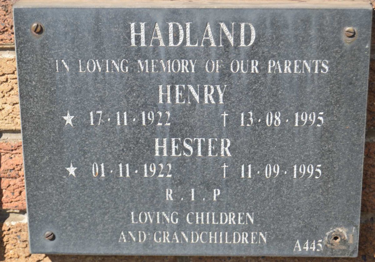 HADLAND Henry 1922-1995 &amp; Hester 1922-1995
