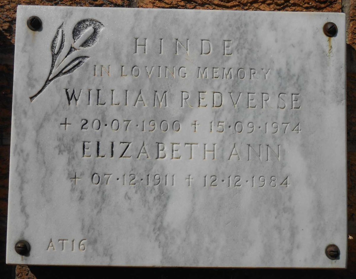 HINDE William Redverse 1900-1974 &amp; Elizabeth Ann 1911-1984